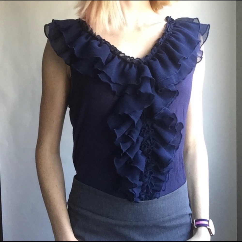 Olivia Moon navy blue ruffle sleeveless top shirt